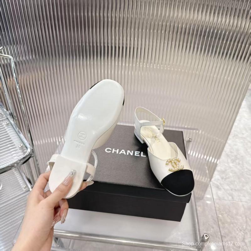 2025 Women Chanel White Black Leather Slingback Flats
