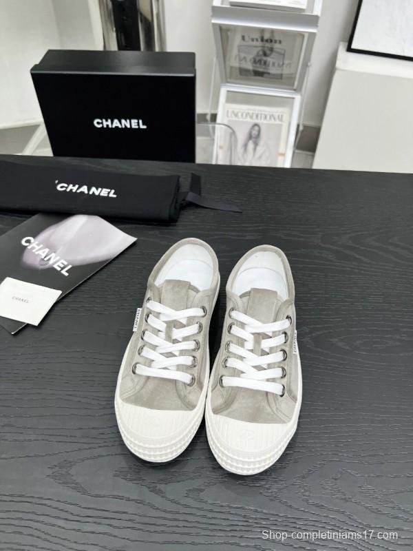 2025 Women Chanel Grey Canvas Leather Casual Sneakers LY00230