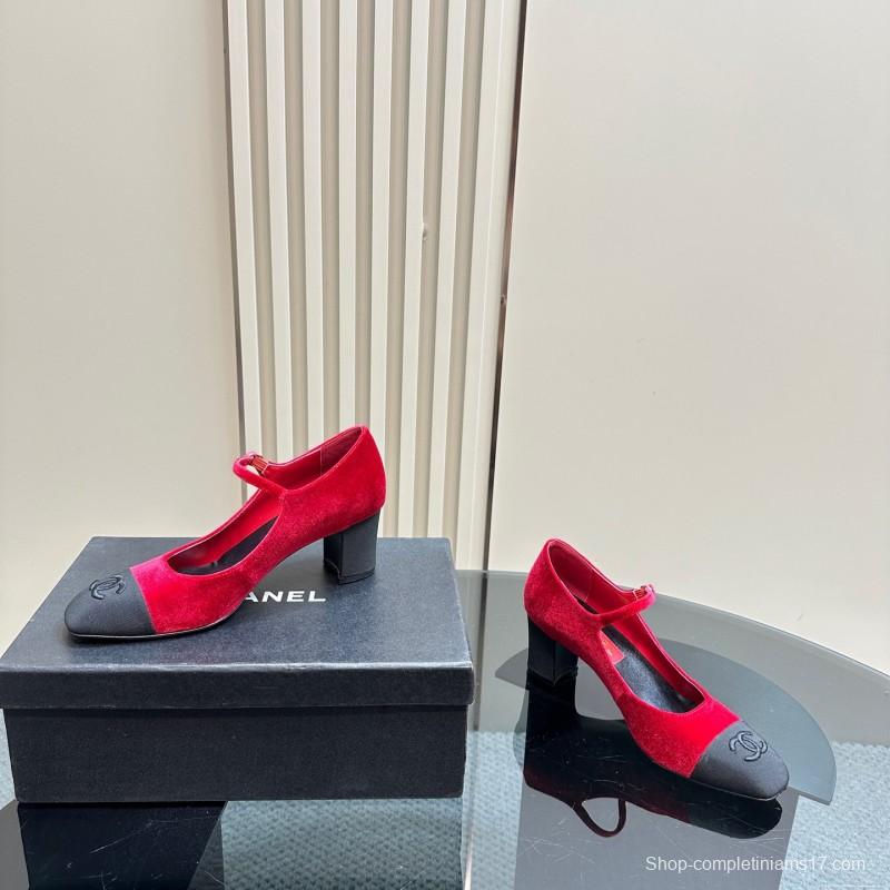 2025 Women Chanel Red Black Suede Leather Mary Jane Logo KFY00290
