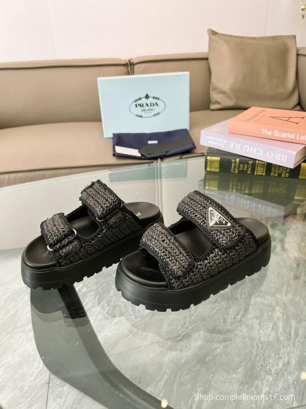 2025 Prada Black Woven Leather Slippers LY00290