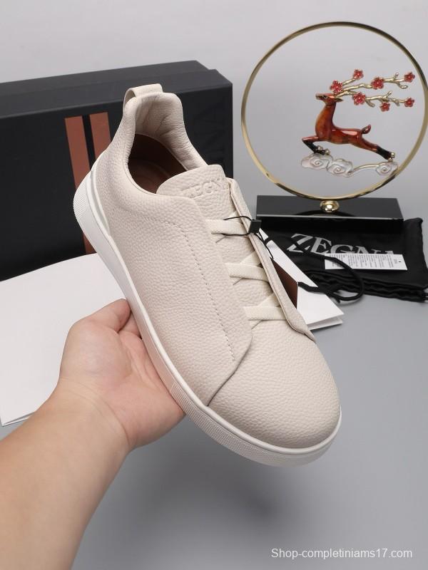 2024 Men Ermenegildo Zegna Beige Leather Low Top Sneakers MJ00240