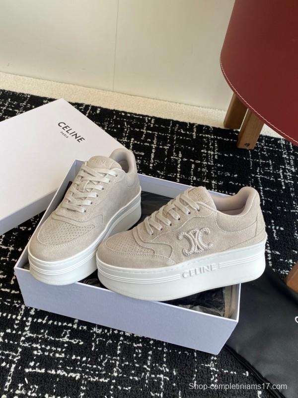 2025 Women Celine Beige Suede Platform Sneakers CELINE Embroidery