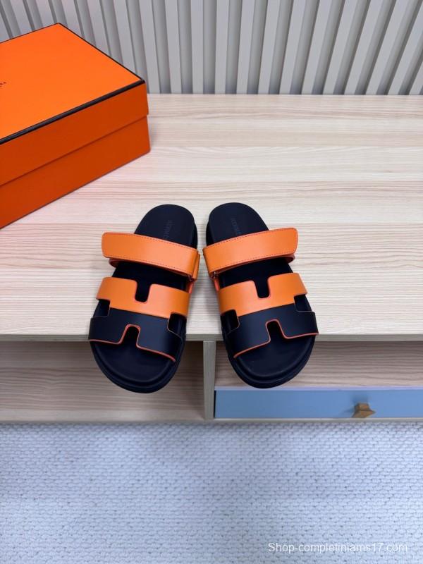 2025 Women Hermès Orange Black Leather Slippers