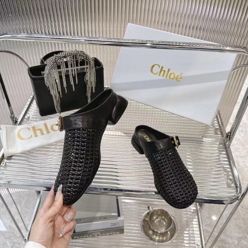 2025 Women Chloé Black Leather Woven Slippers