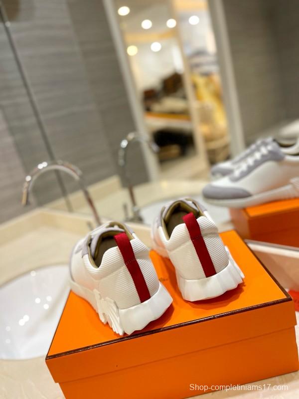 2024 Unisex Hermès White Grey Silk Leather Sneakers MJ00320