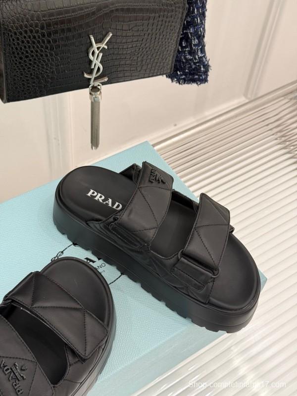 2025 Women Prada Black Leather Slippers