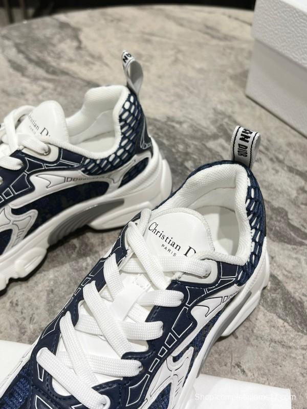 2025 Women Dior Navy White Mesh Leather Sneakers KFY00370