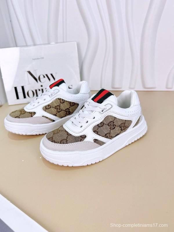 2024 Kids Gucci White Brown Cotton Leather Sneakers