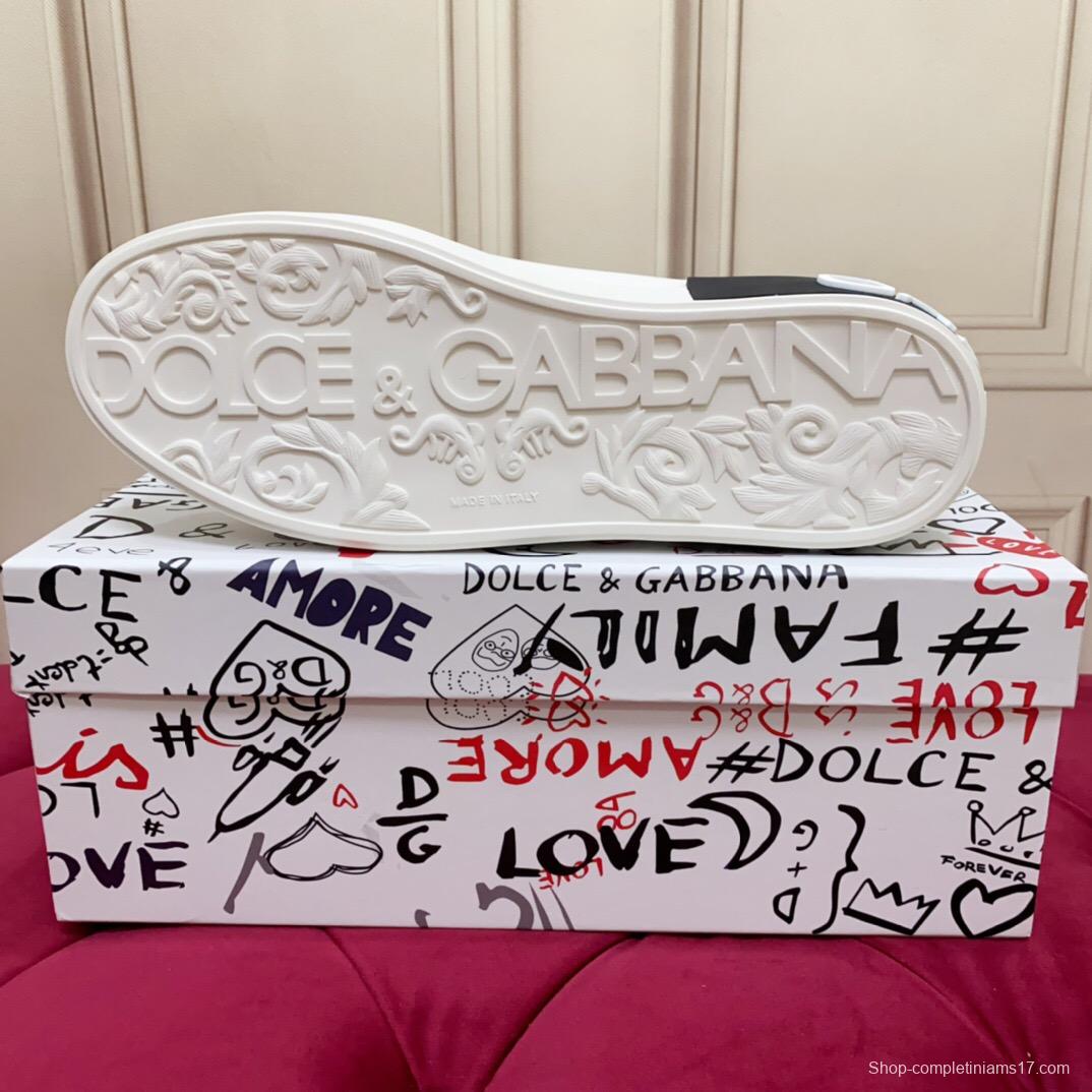 2025 Women Dolce & Gabbana White Black Leather Sneakers LY00340(F)