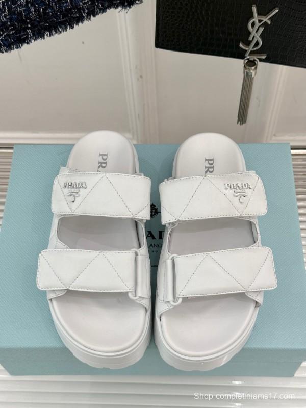 2025 Slippers Prada White Leather Quilted Velcro Strap KFY00250