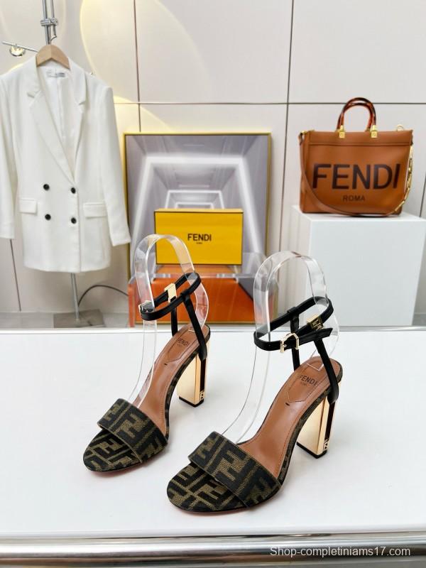 2025 Women Fendi Brown Black Leather Fabric High Heel Sandals