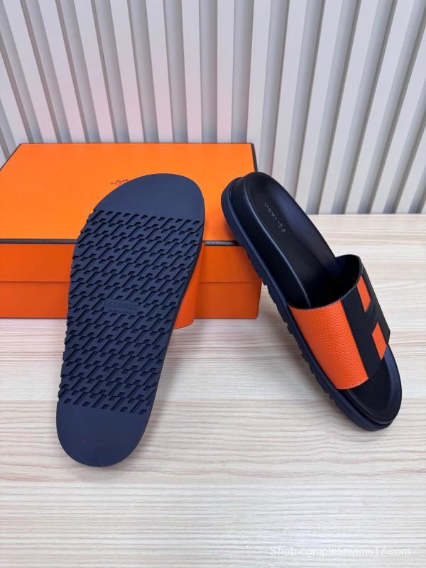 2025 Slippers Hermès Orange Black Leather Slippers
