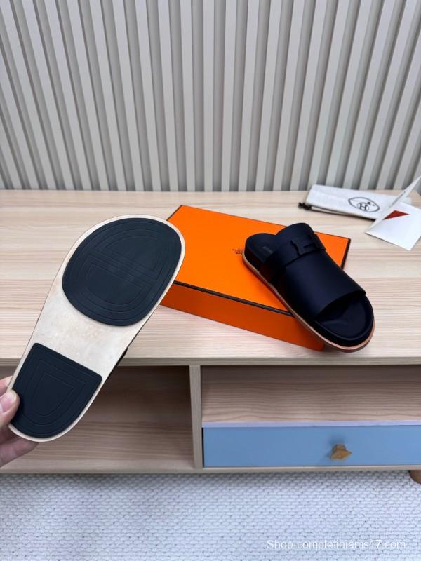 2025 Hermès Black Leather Slippers
