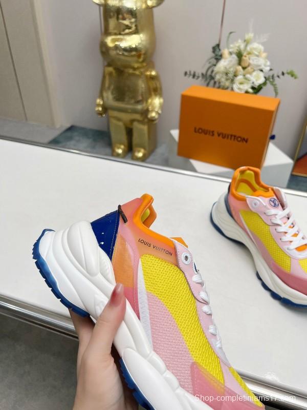 2025 Women Louis Vuitton Yellow Pink Blue Mesh Leather Sneakers