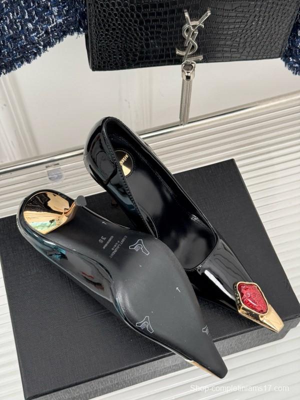 2024 Women Yves Saint Laurent Black Patent Leather High Heel Gemstone MJ00330