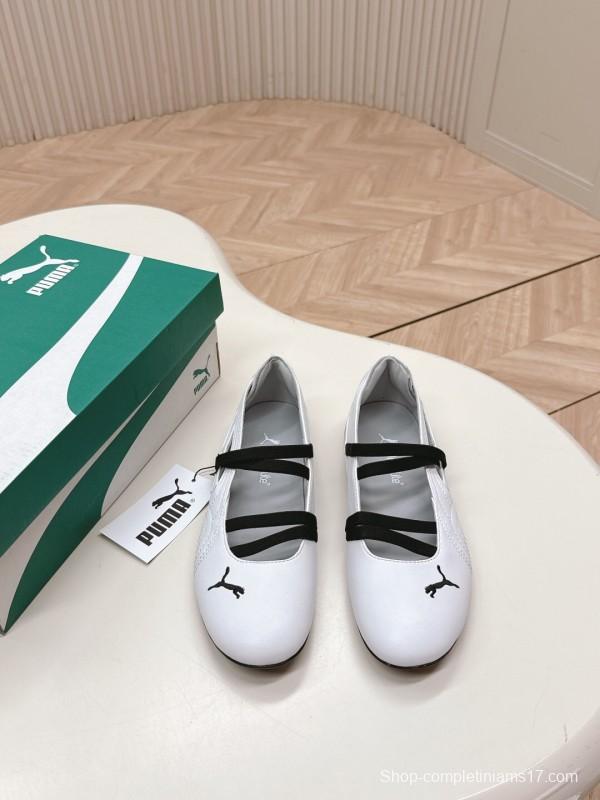 2025 Women Puma White Black Leather Ballet Flat LY