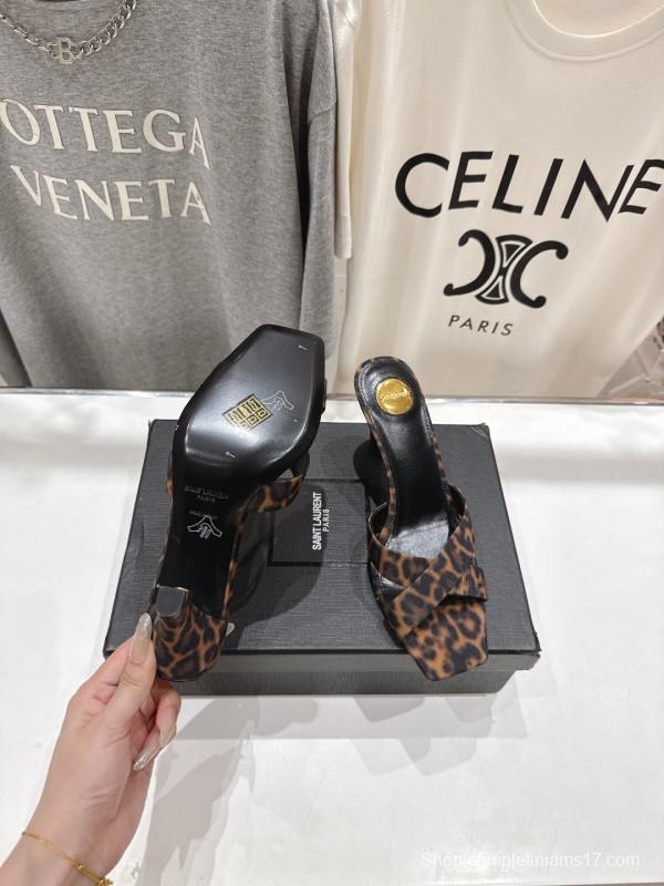 2025 Women Yves Saint Laurent Leopard Print Leather High Heel Sandals