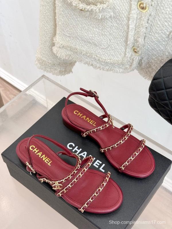 2025 Women Chanel Red Lambskin Chain Strap Sandals