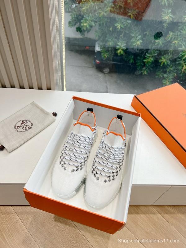 2024 Unisex Hermès White Black Orange Knit Sneakers