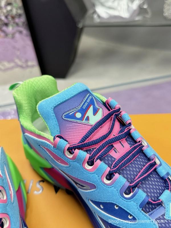 2025 Men Louis Vuitton Blue Pink Green Mesh Leather Sneakers MJ00420