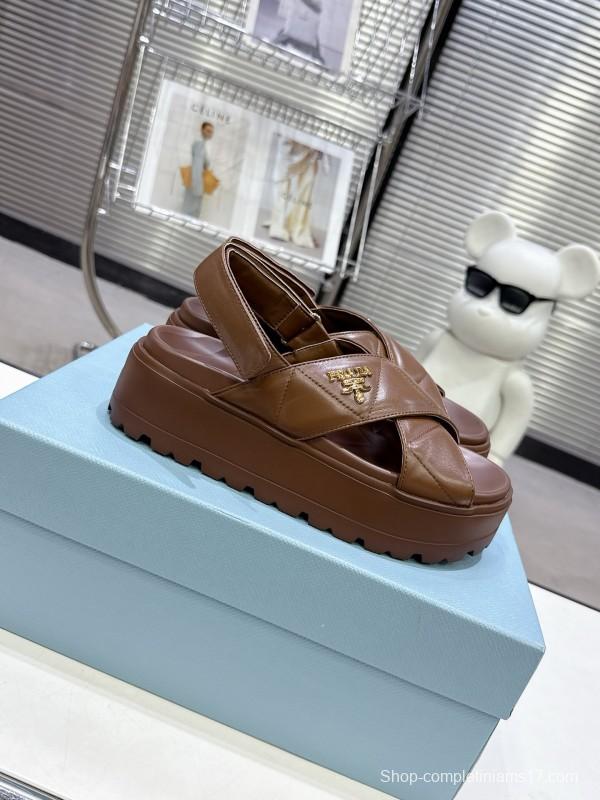 2025 Women Prada Brown Leather Sandal