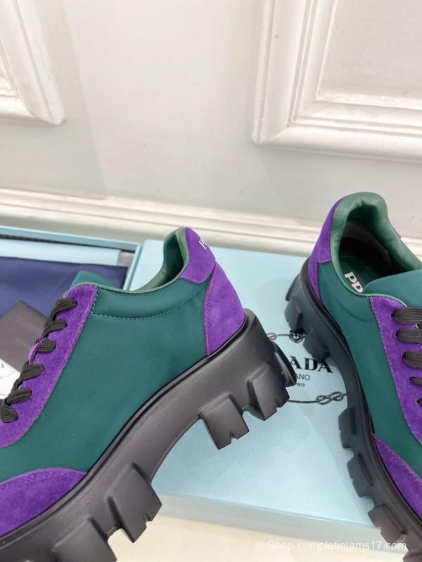 2025 Unisex Prada Purple Green Suede Silk Sneakers KFY00310(F)/KFY00330(M)