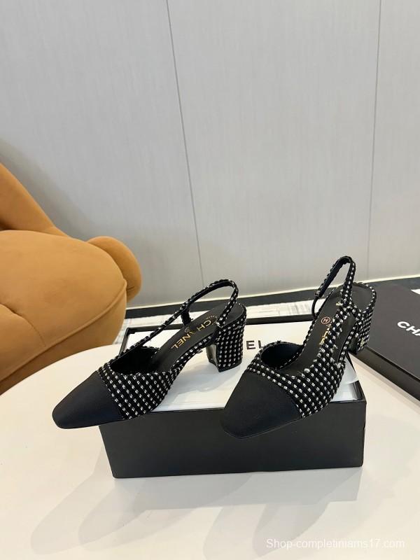 2025 Women Chanel Black White Fabric Slingback Heels LY00240