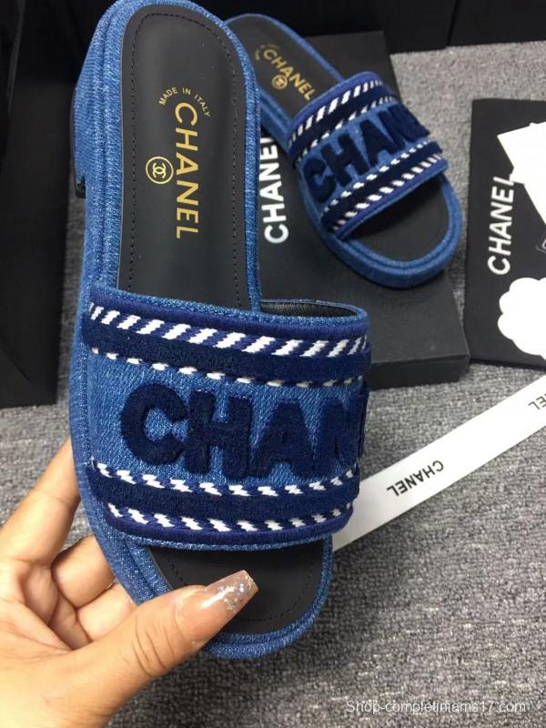 2025 Slippers Chanel Blue Fabric Slippers LY00270