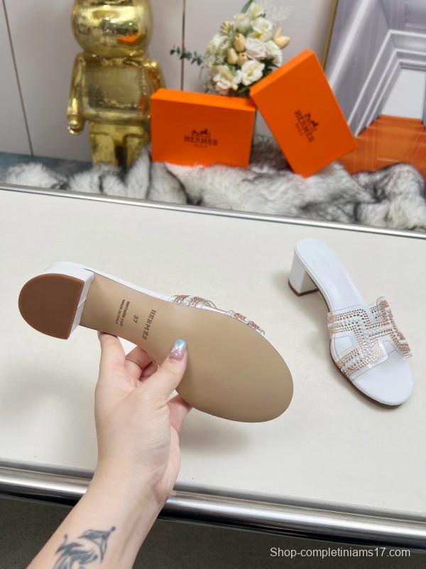 2025 Hermès White Leather Slippers H Pattern MJ00180