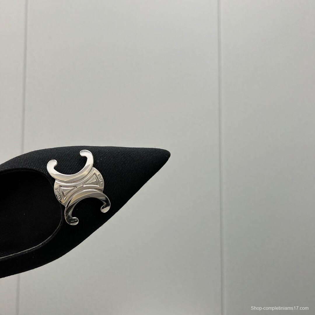 2025 Women Celine Black Fabric Pointed Toe Metal Buckle Pumps