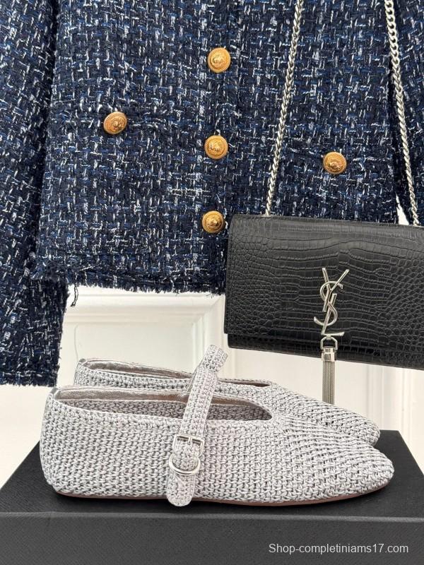 2025 Women AlAIA White Grey Knit Mary Jane Ballet Flat