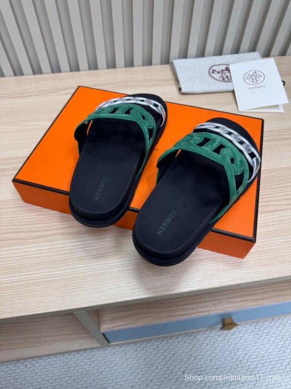 2025 Slippers Hermès Green Black Suede Leather Slippers