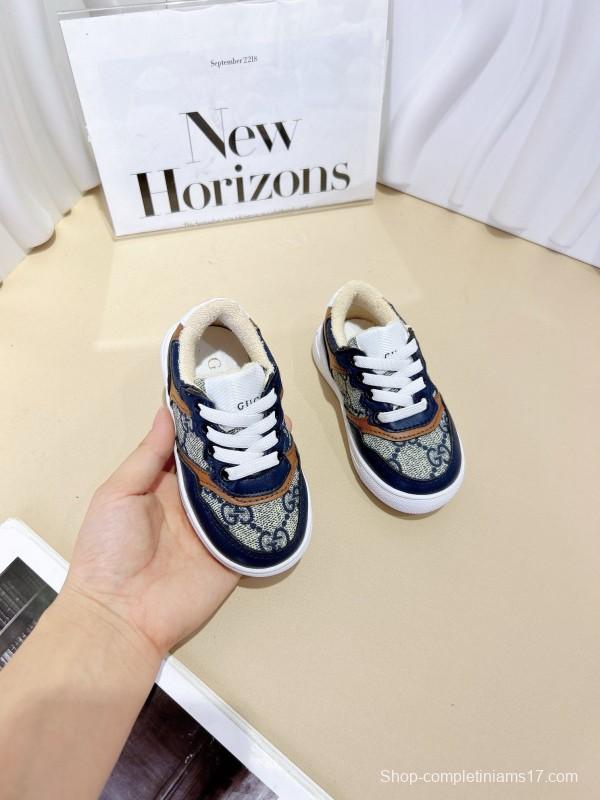 2024 Kids Gucci Blue Brown Canvas Leather Sneakers