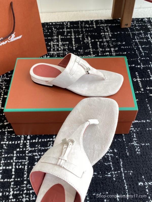 2025 Women Le Parmentier White Suede Thong Sandals KFY00280