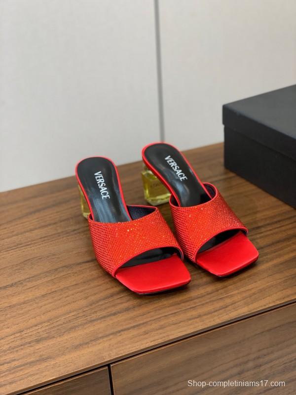 2025 Women VERSACE Red Leather Suede Slip-on Sandals