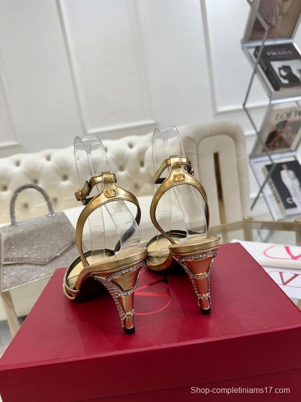 2025 Women Valentino Gold Leather Sandals LY00310