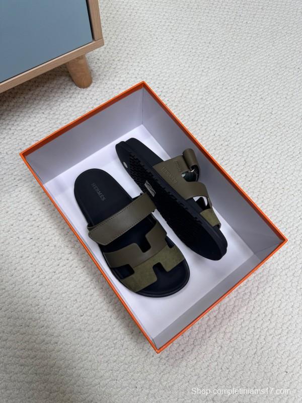 2025 Women Hermès Khaki Black Leather Slippers