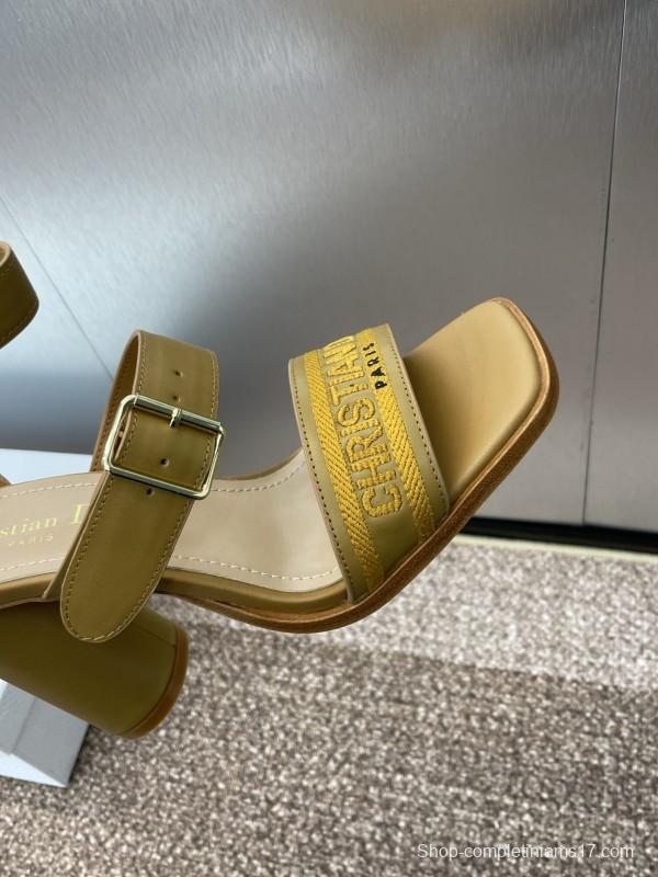 2025 Women Dior Yellow Leather Embroidered High Heel Sandals