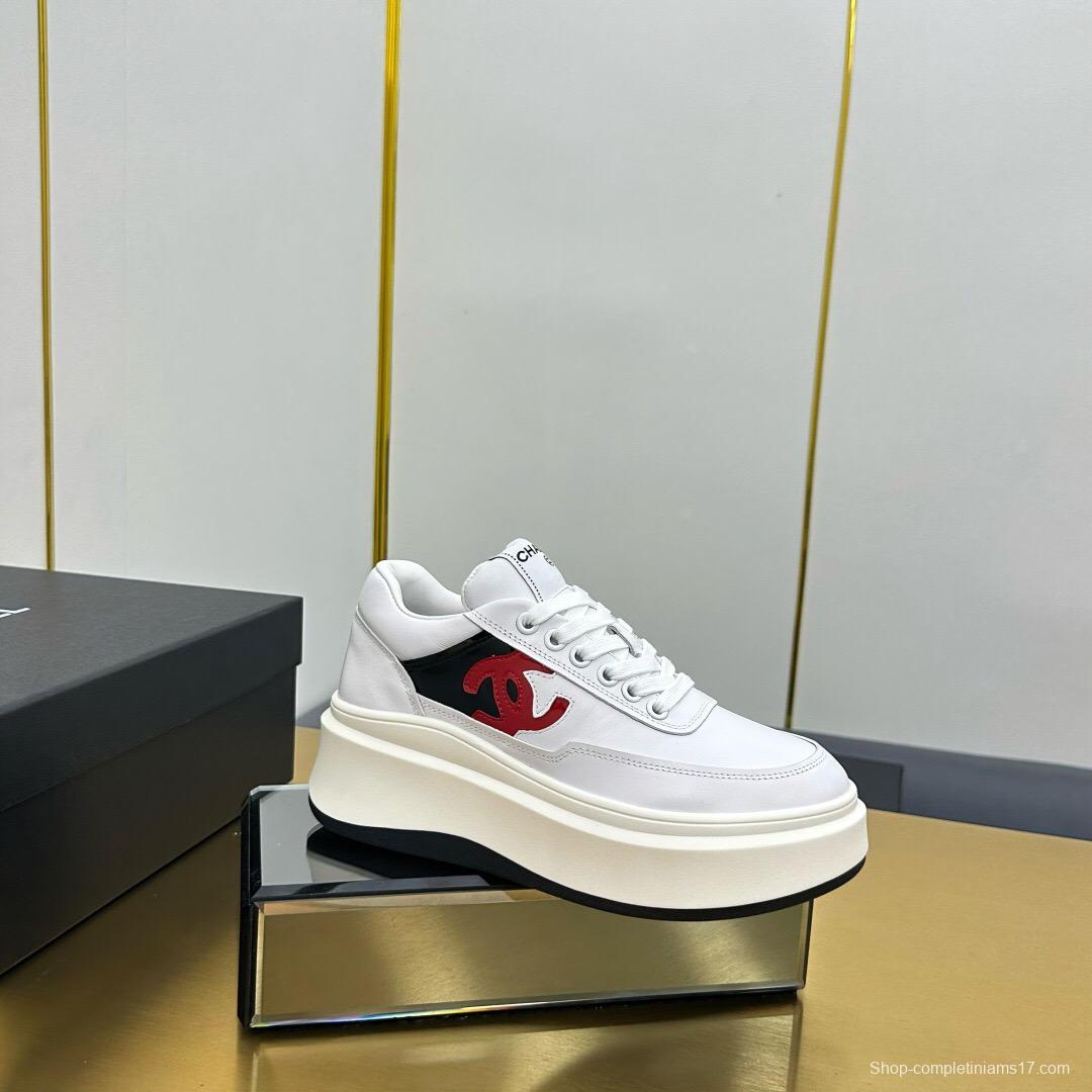 2025 Women Chanel White Black Red Leather Sneakers