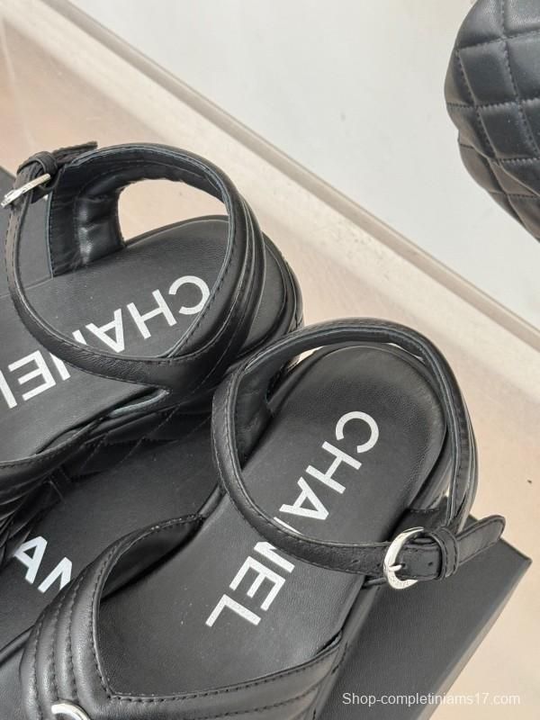 2025 Women Chanel Black Leather Sandals Platform
