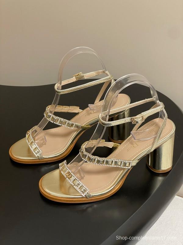 2025 Women Dior Gold Leather Crystal Block Heel Sandals