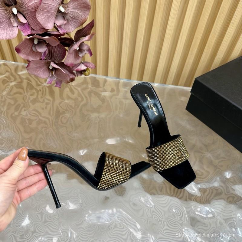 2025 Women Yves Saint Laurent Black Gold Rhinestone Leather High Heel Sandals MJ00300