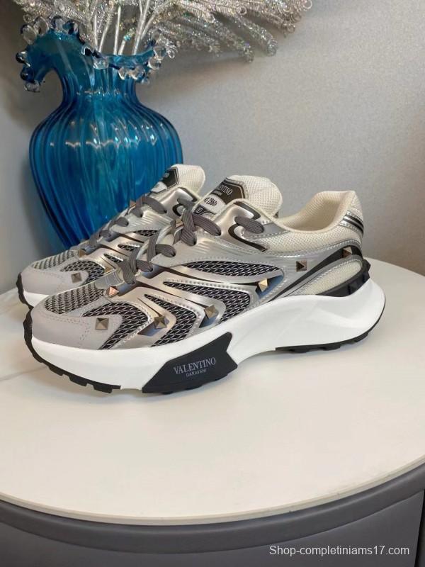 2024 Unisex Valentino White Black Grey Mesh Leather Sneakers MJ00410