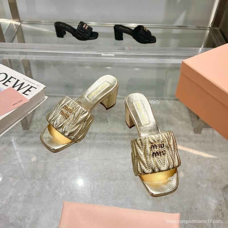 2025 Women Miumiu Gold Leather Sandals