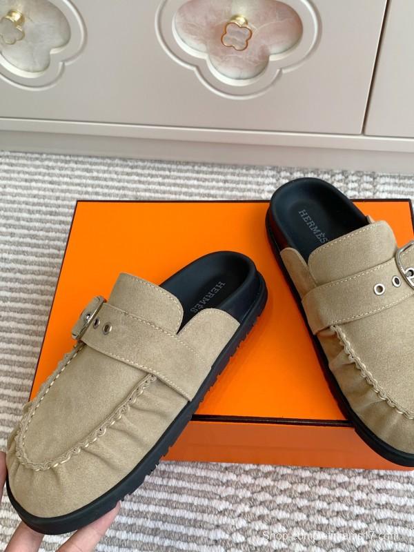 2025 Women Hermès Beige Suede Mule Loafers KFY00290