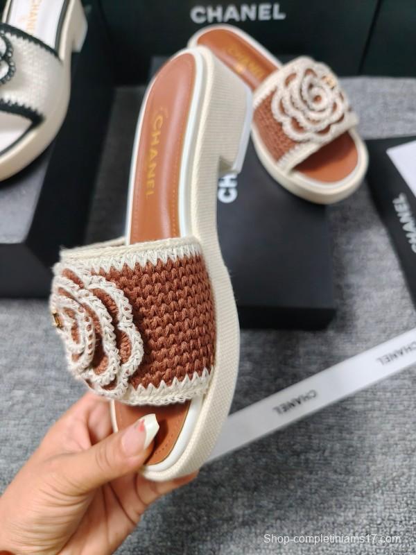2025 Women Chanel Brown White Leather Slippers