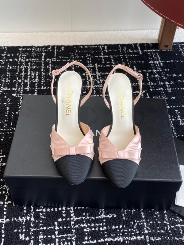 2025 Women Chanel Pink Black Satin Leather Slingback Heels KFY00289