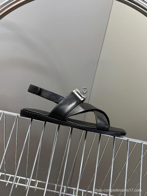 2025 Women Hermès Black Leather Sandals Metal Buckle KFY00300