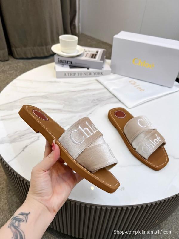 2025 Women Chloé Beige Velvet Slippers LY00200