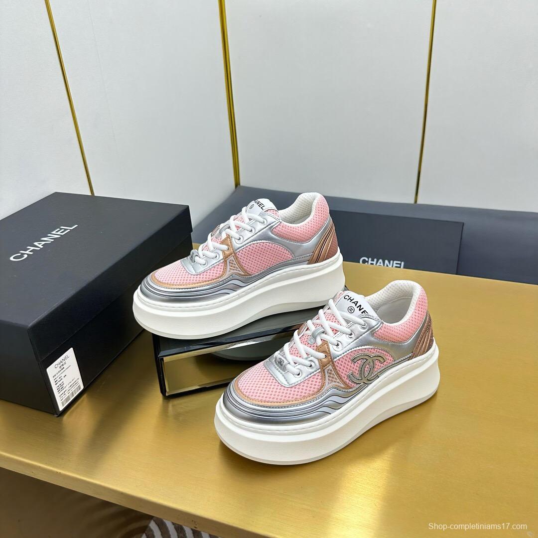 2025 Women Chanel Pink Silver Leather Mesh Sneakers